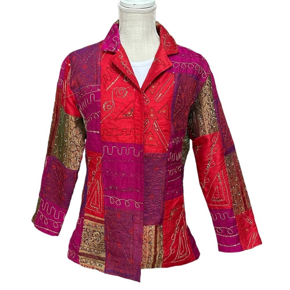 Vintage‎ Chico's Patchwork Embroidered Beaded Embroidery Jacket Size: 1